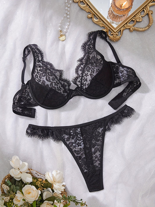 Floral Temptation Lingerie – Sexy See-Through Bra and Panty Duo