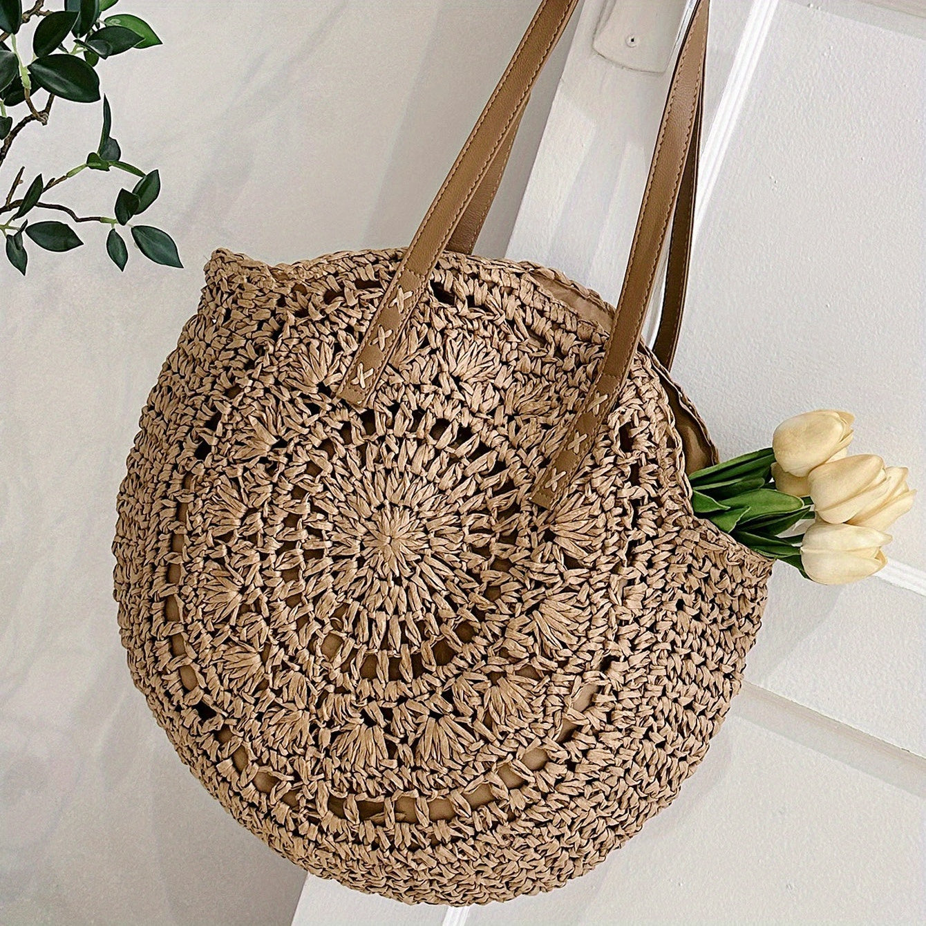 Vintage-Inspired Round Straw Bag – Portable Handwoven Beach Tote with Dual Handles