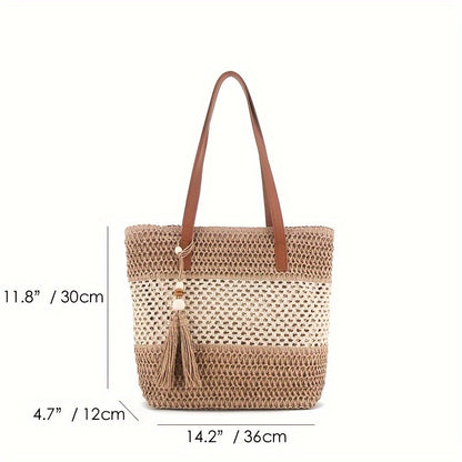 Two-Tone Straw Shoulder Bag – Stylish Handwoven Beach Tote with Tassel & Brown Handles