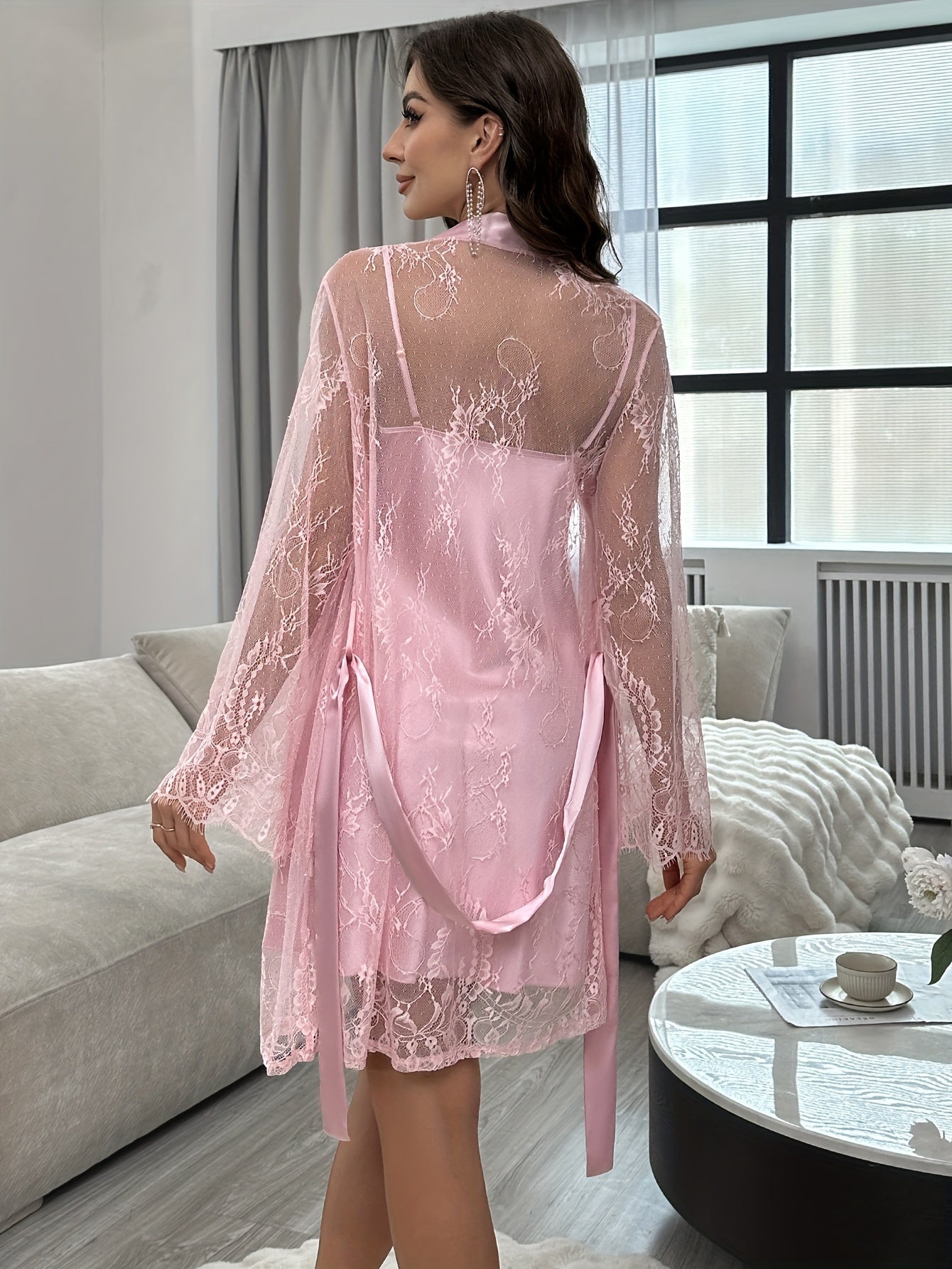 Seductive Satin & Lace Pajama Set – Sheer Cut-Out Robe & Turtleneck Slip Dress for Elegant Women’s Nightwear