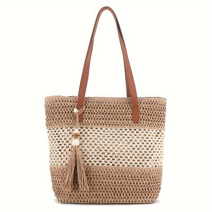 Two-Tone Straw Shoulder Bag – Stylish Handwoven Beach Tote with Tassel & Brown Handles