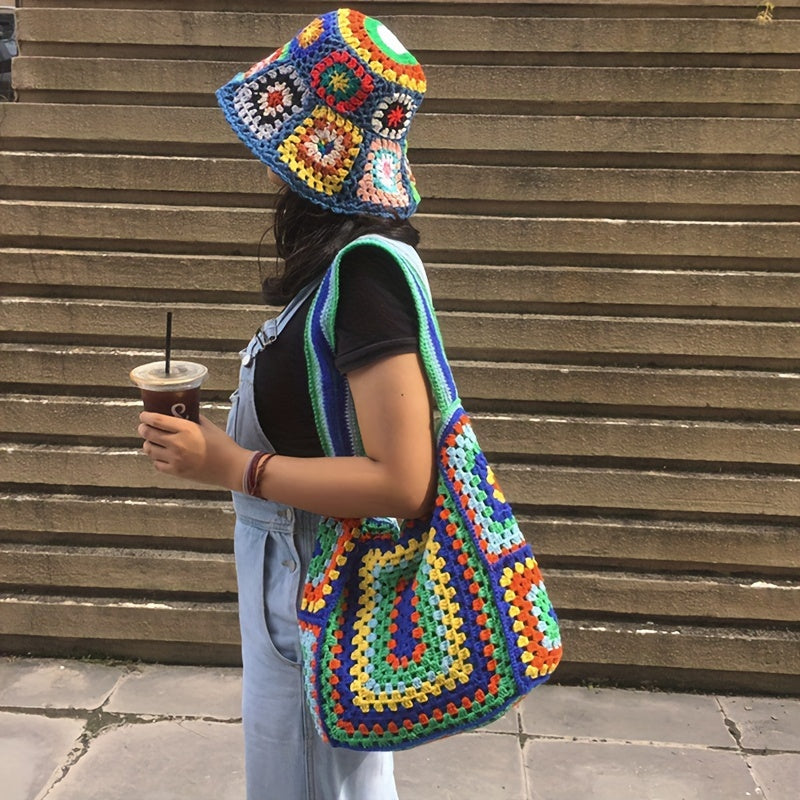Retro Contrast Boho Tote – Large Capacity Bag for Work, Travel & Everyday Use