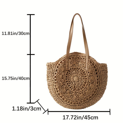 Vintage-Inspired Round Straw Bag – Portable Handwoven Beach Tote with Dual Handles