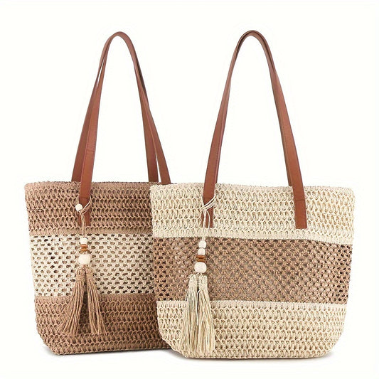 Two-Tone Straw Shoulder Bag – Stylish Handwoven Beach Tote with Tassel & Brown Handles