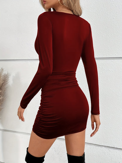 Women’s Slim Fit V-Neck Dress – Ruched Ruffle Long Sleeve Mini Dress