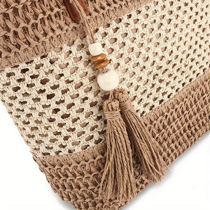 Two-Tone Straw Shoulder Bag – Stylish Handwoven Beach Tote with Tassel & Brown Handles