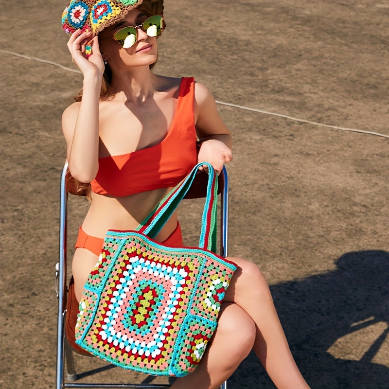 Retro Contrast Boho Tote – Large Capacity Bag for Work, Travel & Everyday Use