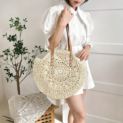 Vintage-Inspired Round Straw Bag – Portable Handwoven Beach Tote with Dual Handles