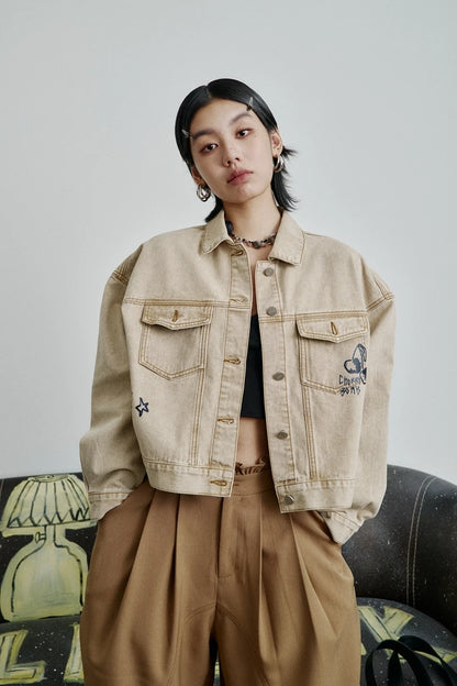 Women’s Vintage Style Printed Cropped Denim Jacket – ELFSACK New Arrival
