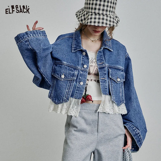 Women’s Vintage Y2K Lace Stitch Short Denim Jacket – ELFSACK Spring Edit