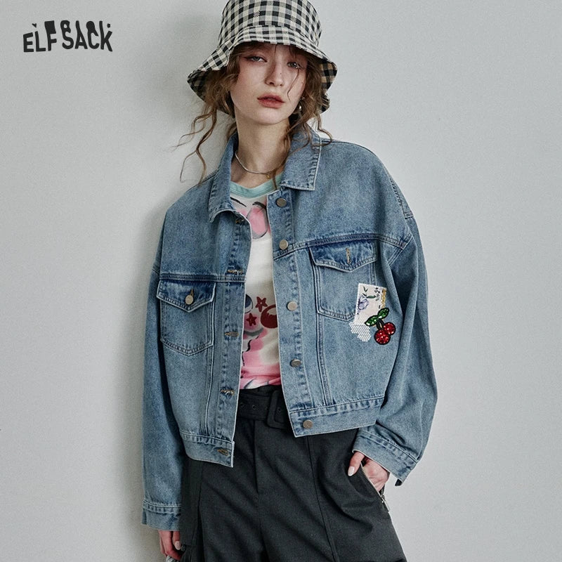 Women’s Vintage Style Printed Cropped Denim Jacket – ELFSACK New Arrival