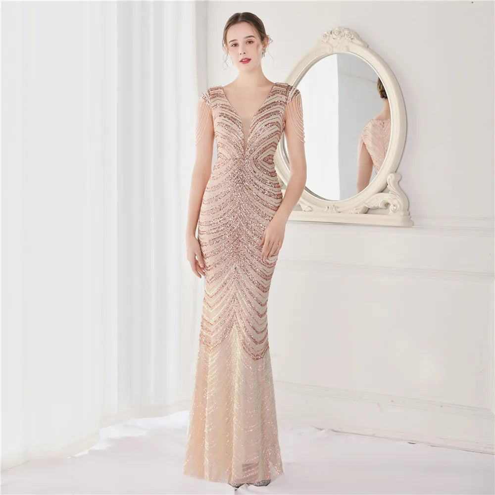 Glamorous Beaded Mermaid Evening Dress – Elegant V-Neck Silhouette for Women
