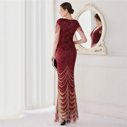 Glamorous Beaded Mermaid Evening Dress – Elegant V-Neck Silhouette for Women