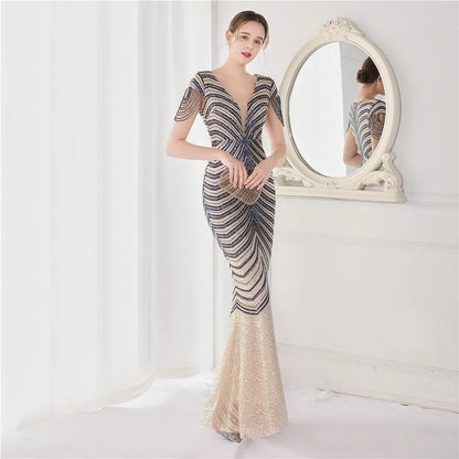 Glamorous Beaded Mermaid Evening Dress – Elegant V-Neck Silhouette for Women