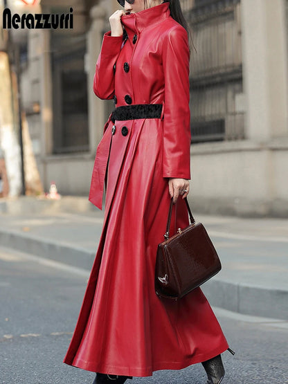 Women’s Autumn Maxi PU Leather Trench – Belted Double-Breasted Luxury Coat