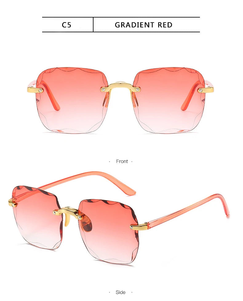 Luxury Square Rimless Sunglasses – Unisex Designer UV400 Red-Tinted Shades for Summer Style
