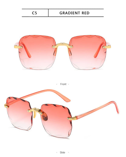 Luxury Square Rimless Sunglasses – Unisex Designer UV400 Red-Tinted Shades for Summer Style