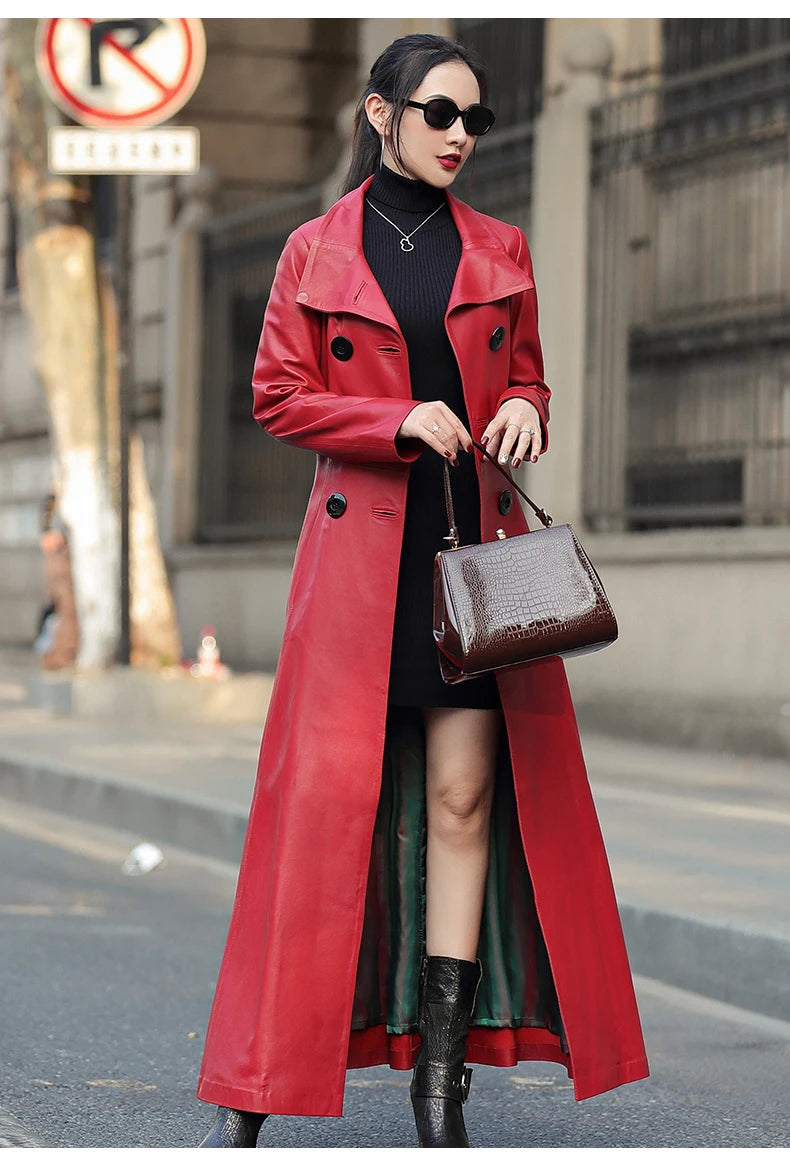 Women’s Autumn Maxi PU Leather Trench – Belted Double-Breasted Luxury Coat