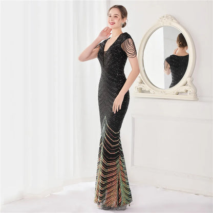 Glamorous Beaded Mermaid Evening Dress – Elegant V-Neck Silhouette for Women