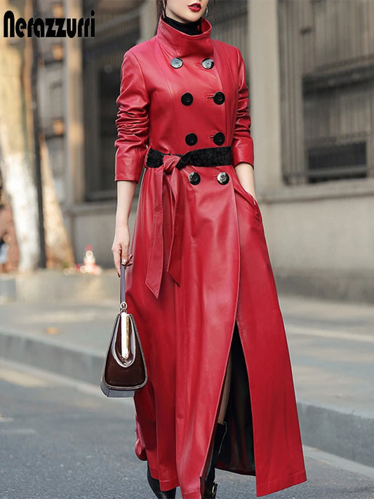 Women’s Autumn Maxi PU Leather Trench – Belted Double-Breasted Luxury Coat