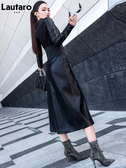 Women’s Black Long Sleeve Leather Dress – Elegant Tight-Fit Faux Leather 2025