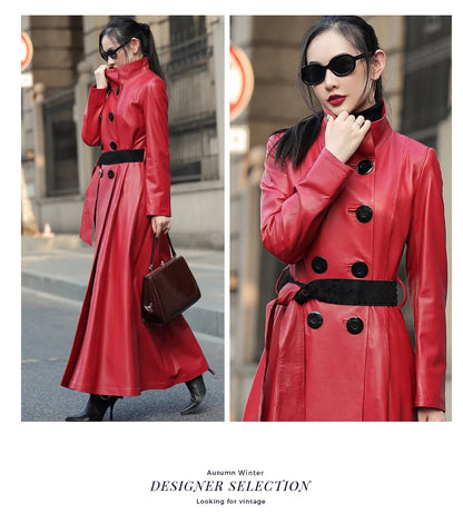 Women’s Autumn Maxi PU Leather Trench – Belted Double-Breasted Luxury Coat