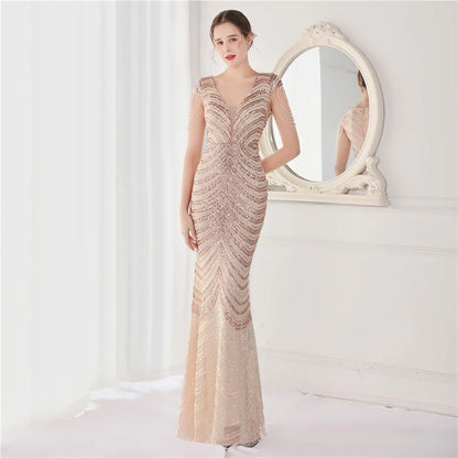 Glamorous Beaded Mermaid Evening Dress – Elegant V-Neck Silhouette for Women