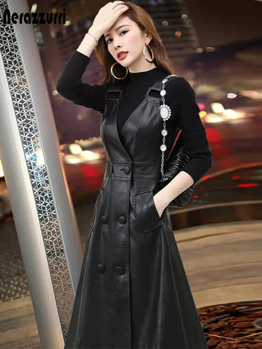 Women’s Summer PU Leather Midi Dress – Elegant Strap Dress Korean Fashion