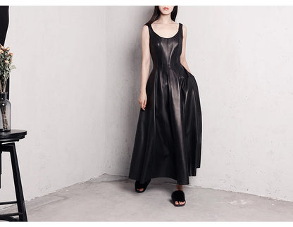 Women’s Luxury Faux Leather Maxi Dress – Lautaro Elegant Fit & Flare Retro Style