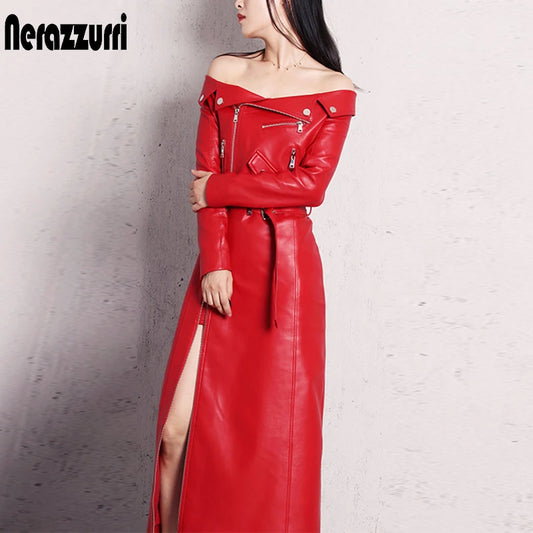 Women’s PU Leather Maxi Dress – Red/Black Slash Neck Elegant Spring Autumn Outfit
