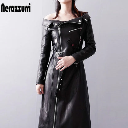 Women’s PU Leather Maxi Dress – Red/Black Slash Neck Elegant Spring Autumn Outfit