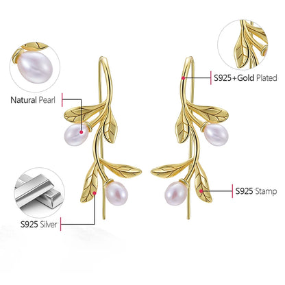 925 Silver Olive Leaves Pearl Drop Earrings – Nature-Inspired Jewelry
