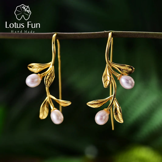 925 Silver Olive Leaves Pearl Drop Earrings – Nature-Inspired Jewelry