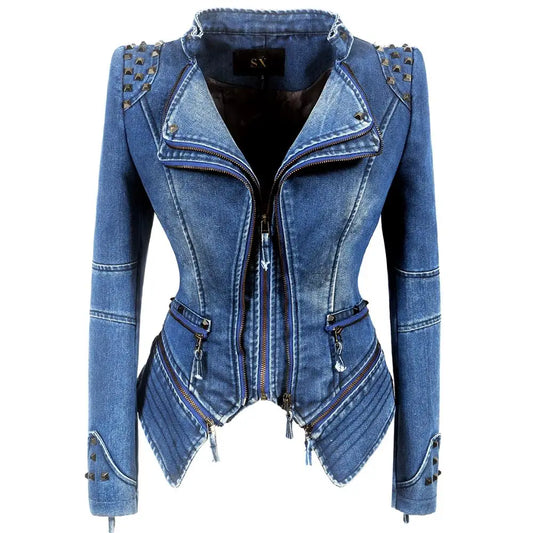 Women's Punk Style Cropped Denim Jacket – SX Rivet Moto Windbreaker