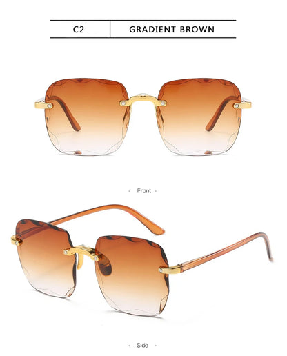 Luxury Square Rimless Sunglasses – Unisex Designer UV400 Red-Tinted Shades for Summer Style