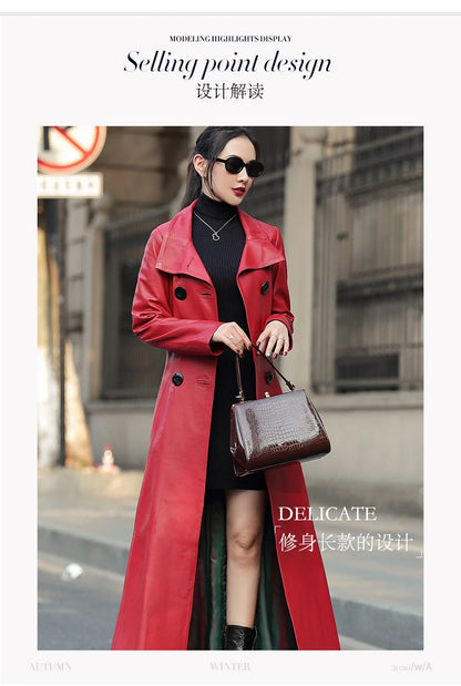 Women’s Autumn Maxi PU Leather Trench – Belted Double-Breasted Luxury Coat