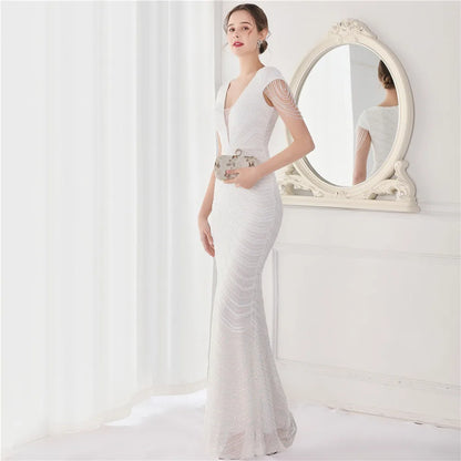 Glamorous Beaded Mermaid Evening Dress – Elegant V-Neck Silhouette for Women