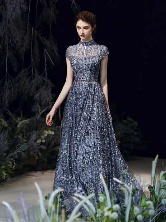 Shiny Pearl & Sequin A-Line Dress – Luxury Blue Formal Gown