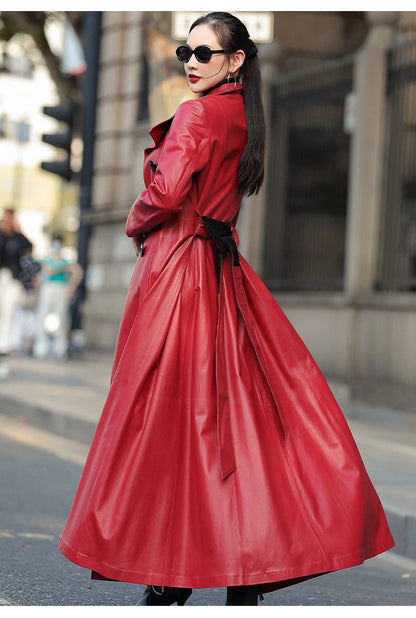 Women’s Autumn Maxi PU Leather Trench – Belted Double-Breasted Luxury Coat