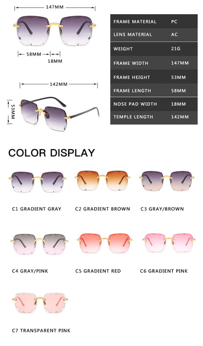Luxury Square Rimless Sunglasses – Unisex Designer UV400 Red-Tinted Shades for Summer Style