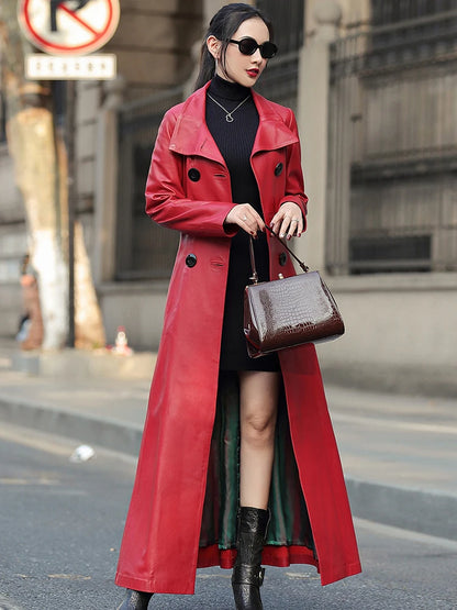 Women’s Autumn Maxi PU Leather Trench – Belted Double-Breasted Luxury Coat