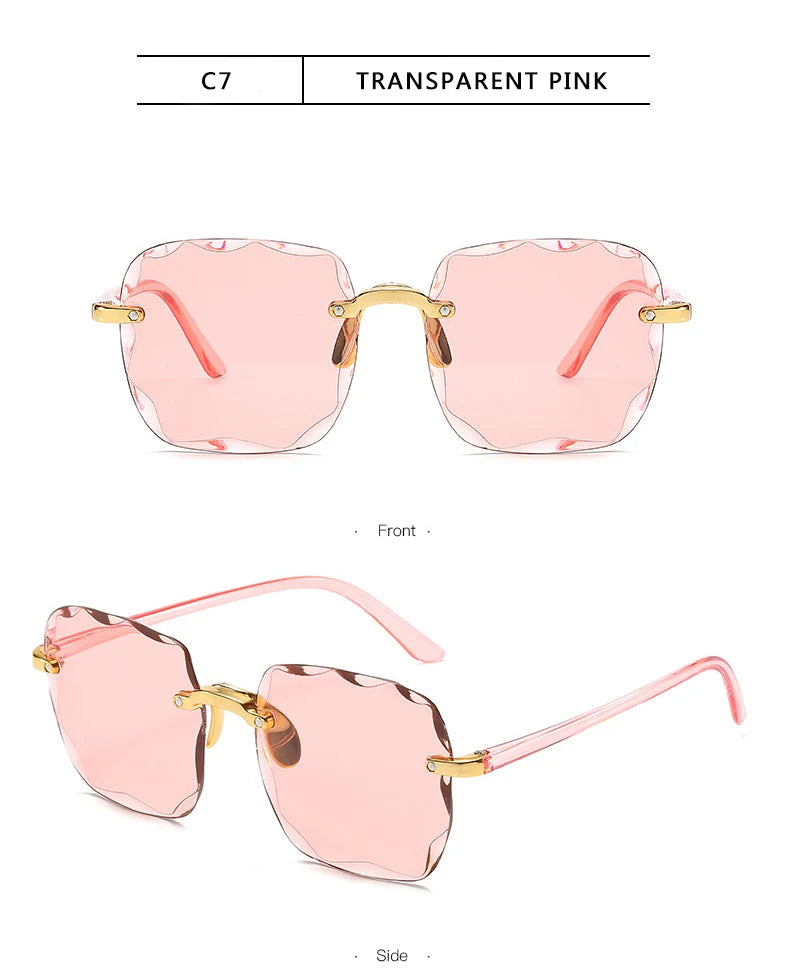 Luxury Square Rimless Sunglasses – Unisex Designer UV400 Red-Tinted Shades for Summer Style