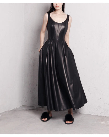 Women’s Luxury Faux Leather Maxi Dress – Lautaro Elegant Fit & Flare Retro Style