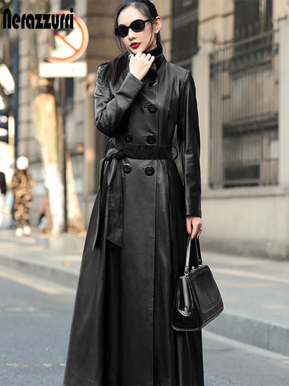 Women’s Autumn Maxi PU Leather Trench – Belted Double-Breasted Luxury Coat