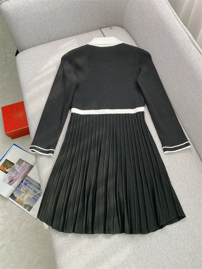 Elegant Collar Knitted Dress – Contrasting Color, Hundred Fold Long Sleeve Dress