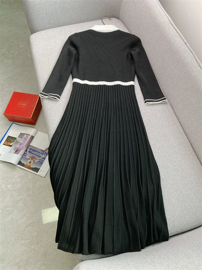 Elegant Collar Knitted Dress – Contrasting Color, Hundred Fold Long Sleeve Dress