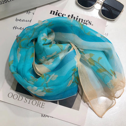 Luxury 100% Silk Shawl – Elegant Blue Scarf Cape C255 for Spring & Summer
