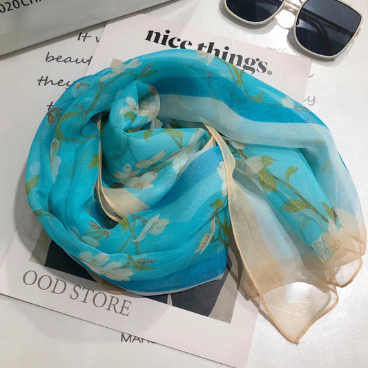 Luxury 100% Silk Shawl – Elegant Blue Scarf Cape C255 for Spring & Summer