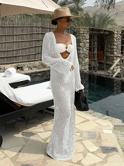 Summer 2024 Bell Sleeve Knit Beach Cover-Up Maxi Dress