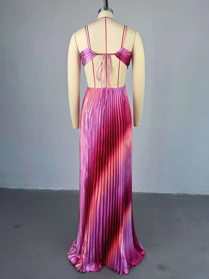 Elegant Gradient Pleated Long Dress – CM.YAYA Summer Statement